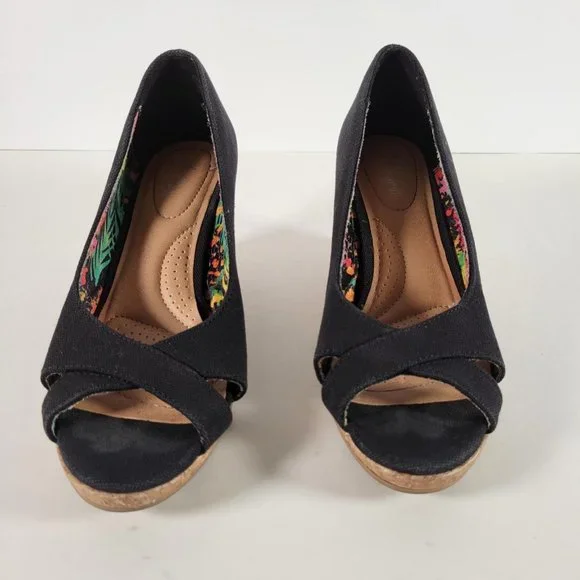 DexFlex Comfort Black Canvas Cork Wedge Peep Heels Shoes Women Size 6 - Picture 9 of 11